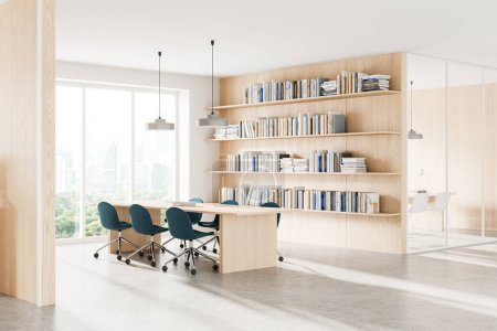 Photo for Corner view of stylish office business interior with meeting table and chairs, wooden shelf with books and panoramic window on Bangkok city skyscrapers. 3D rendering - Royalty Free Image