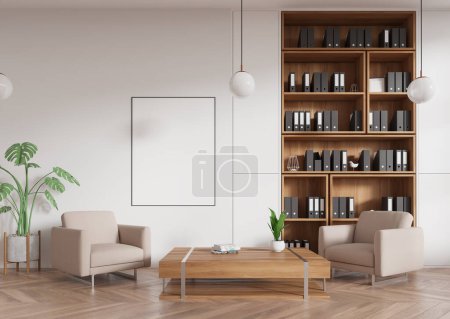 White office room interior relaxing or meeting space, two armchairs and coffee table on hardwood floor. Shelf with documents or folders. Mock up copy space blank poster. 3D rendering