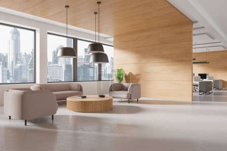 Photo for Corner view of office interior with coworking and relax place, sofa and armchairs with partition. Panoramic window on Bangkok skyscrapers. Modern workspace with cozy design. 3D rendering - Royalty Free Image