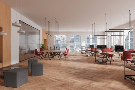 Modern office interior with pc computers on desk and red armchairs, hardwood floor. Stylish coworking space with panoramic window on Bangkok skyscrapers. 3D rendering