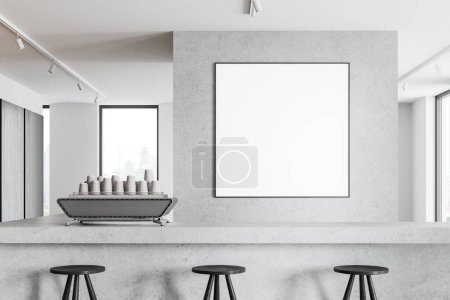 Foto de Moderno bar interior con mostrador y cafetera, vista panorámica de los rascacielos. Comer espacio con taburete en fila. Mock up cartel de lona cuadrada. Renderizado 3D - Imagen libre de derechos