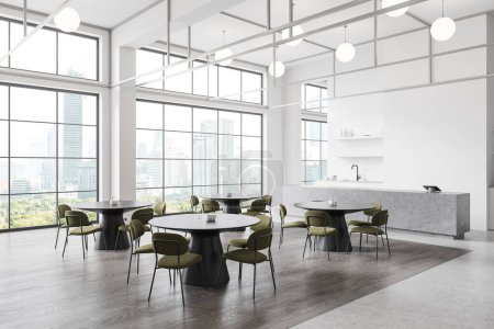 Corner view of restaurant interior with dining tables and chairs in row, hardwood floor. Bar island and cabinet with shelf, panoramic window on Bangkok skyscrapers. 3D rendering