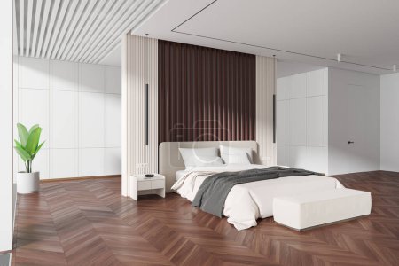 Photo for Corner of modern bedroom with white and brown walls, dark wooden floor, comfortable king size bed with two bedside tables. 3d rendering - Royalty Free Image
