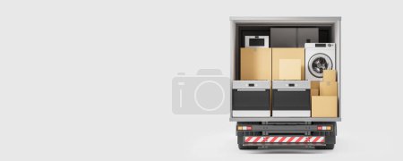 Photo for Delivery van back view with home kitchen appliances and cardboard boxes, empty white wide format background. Concept of relocation, moving house and trucking. 3D rendering illustration - Royalty Free Image