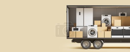 Téléchargez les photos : Vue des appareils de cuisine, y compris réfrigérateur, lave-linge, cuisinière et four à micro-ondes à l'intérieur du camion de livraison sur fond jaune. Concept de logistique. Rendu 3d - en image libre de droit