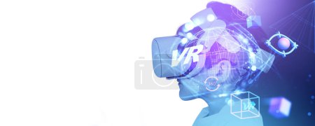 Boy silhouette profile in vr glasses headset, earth sphere and digital icons of cyberspace on empty white background. Concept of immersive, entertainment and virtual world