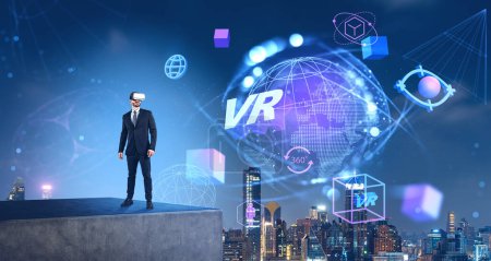 Businessman in vr glasses standing on a concrete platform. Business city skyline and glowing earth sphere with VR icons and hologram. Concept of business in virtual reality and metaverse