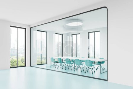 Photo for Corner view of glass meeting interior with colored armchairs and board, side view light blue floor and panoramic window on Bangkok skyscrapers. 3D rendering - Royalty Free Image