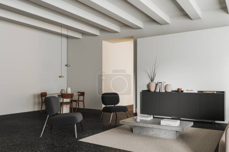 Photo for Interior of modern living room with white walls, concrete floor, comfortable black armchairs and dining room with round table in background. 3d rendering - Royalty Free Image
