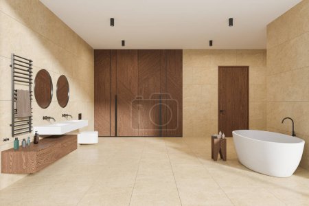 Photo for Beige tile hotel bathroom interior with bathtub, wall hung toilet and double sink with towel rail and accessories. Wooden wardrobe and door in modern stylish apartment. 3D rendering - Royalty Free Image