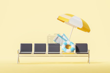 Téléchargez les photos : Vue des billets d'avion et bouée de sauvetage sous le parasol sur les sièges de l'aéroport sur fond jaune. Concept de vacances et de voyage. Rendu 3d - en image libre de droit