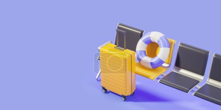 Téléchargez les photos : Vue de dessus des chaises d'attente à l'aéroport, valise jaune avec anneau en caoutchouc sur fond d'espace de copie vide. Concept de tourisme, vacances et vacances. Illustration de rendu 3D - en image libre de droit