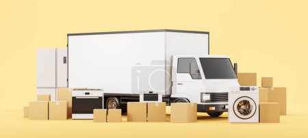 Photo for Mock up delivery van and home kitchen appliances, set of cardboard boxes on beige background. Concept of moving house and relocation. 3D rendering illustration - Royalty Free Image