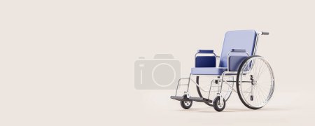 Photo for Blue leather wheelchair, beige empty copy space background. Concept of disability, hospital, health care, recovery and treatment. 3D rendering illustration - Royalty Free Image