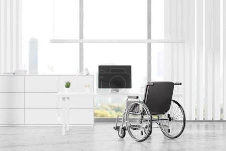 Photo for Office workspace interior with work desk and black leather wheelchair, panoramic window on skyscrapers. Concept of jobs for people with disabilities. 3D rendering illustration - Royalty Free Image