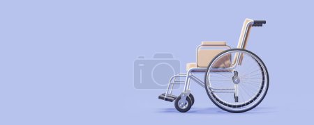 Photo for Side view of beige leather wheelchair, empty copy space blue background. Concept of disability, hospital, health care, recovery and treatment. 3D rendering illustration - Royalty Free Image