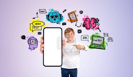 Foto de Sonriente dedo del niño en la pantalla del teléfono simulada, AI chat bot bots bosquejo iconos, comunicación web y aprendizaje automático. Concepto de educación en línea y asistente virtual - Imagen libre de derechos