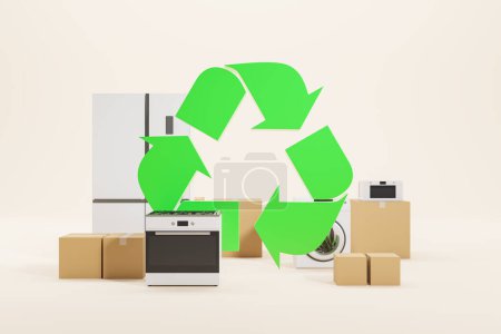 Photo for Large green recycle logo and home appliances, fridge, oven, microwave and washing machine with cardboard boxes on beige background. Concept of e-waste. 3D rendering illustration - Royalty Free Image