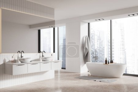 Téléchargez les photos : Vue en angle de l'intérieur de la maison salle de bain avec baignoire et double lavabo, carrelage sol en béton. Espace de baignade avec mobilier minimaliste. Fenêtre panoramique sur les gratte-ciel de Singapour. rendu 3D - en image libre de droit