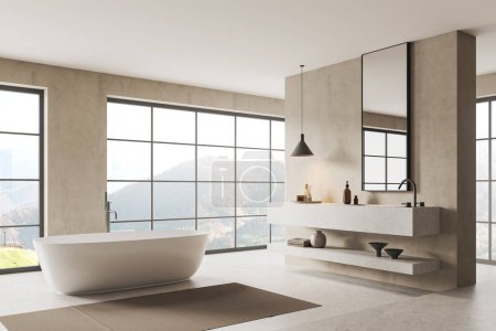 Photo for Interior of stylish bathroom with concrete walls and floor, comfortable white bathtub and massive stone sink with vertical mirror hanging above it. 3d rendering - Royalty Free Image