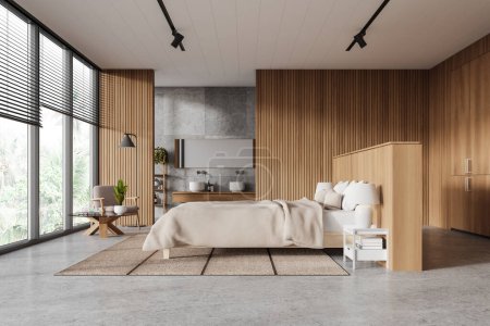 Photo for Interior of stylish bedroom with wooden walls, concrete floor, comfortable king size bed with two sideboard tables and bathroom in background. 3d rendering - Royalty Free Image