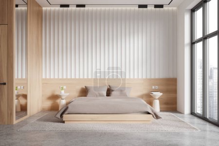 Photo for Interior of modern bedroom with white and wooden walls, concrete floor, comfortable king size bed and two round bedside tables. 3d rendering - Royalty Free Image