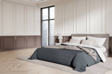 Photo for Interior of stylish bedroom with white and brown walls, wooden floor, comfortable king size bed with gray cover and cozy bedside table. 3d rendering - Royalty Free Image