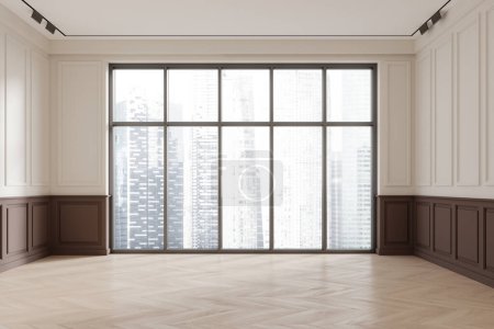 Foto de Interior de elegante habitación vacía con paredes blancas y marrones, suelo de madera y gran ventana con paisaje urbano moderno. renderizado 3d - Imagen libre de derechos