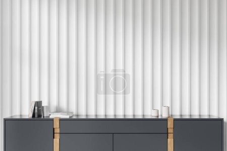 Photo for Interior of modern living room with white walls and comfortable gray and wooden dresser with books standing on it. 3d rendering - Royalty Free Image