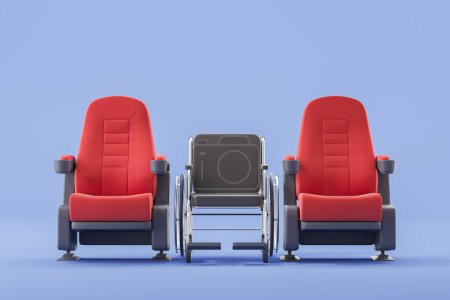 Téléchargez les photos : Vue de fauteuil roulant debout entre des chaises de cinéma rouge sur fond bleu. Concept d'accessibilité. Rendu 3d - en image libre de droit