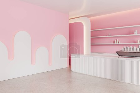 Foto de Esquina de la cafetería moderna con paredes de color rosa y blanco, piso de hormigón y barra blanca contador con vasos de papel. renderizado 3d - Imagen libre de derechos