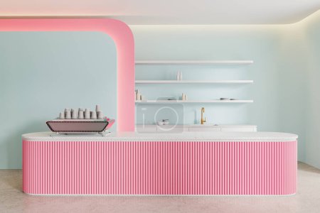 Café bleu et rose machine à café intérieure avec tasses en papier, île de bar, étagère avec vaisselle et comptoir avec évier. Cafétéria lumineuse minimaliste ou design de café. rendu 3D