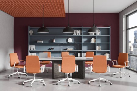 Photo for Interior of stylish office meeting room with white and red walls, concrete floor, long conference table with orange chairs and bookcase with folders. 3d rendering - Royalty Free Image