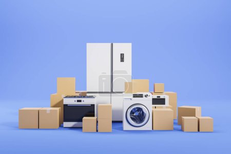 Blick auf die Lieferung von Küchengeräten einschließlich Kühlschrank, Waschmaschine, Herd und Herd sowie Mikrowelle in Kartons vor blauem Hintergrund