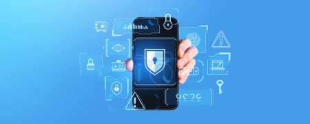 Photo for Hand of man showing smartphone with immersive cybersecurity interface over light blue background. Concept of data protection and cyber safety - Royalty Free Image