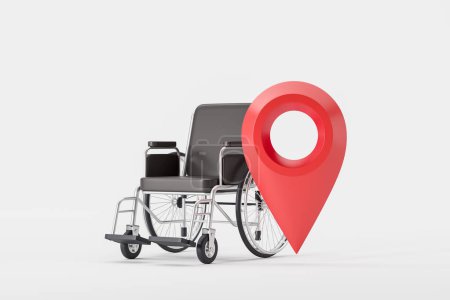 Photo for Black modern leather wheelchair and red location geo tag, empty background. Concept of disability, taxi service, navigation and transportation. 3D rendering illustration - Royalty Free Image