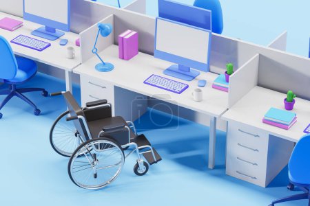 Foto de Vista superior de la silla de ruedas de pie cerca del escritorio de la oficina sobre fondo azul. Concepto de accesibilidad y trabajo para personas con discapacidad. renderizado 3d - Imagen libre de derechos