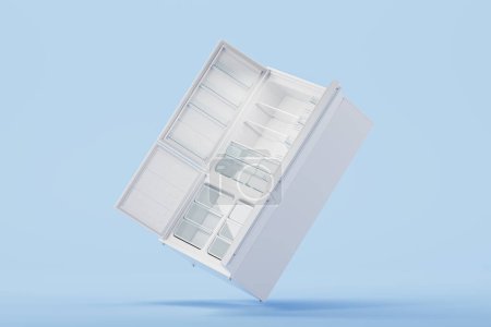 Foto de Nevera blanca abierta con congelador, cayendo sobre fondo azul claro. Refrigerador fresco, limpio y vacío de doble puerta, electrodomésticos modernos. Ilustración de representación 3D - Imagen libre de derechos