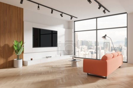 Corner of modern living room with white and wooden walls, wooden floor, comfortable orange sofa and TV set on the wall. 3d rendering