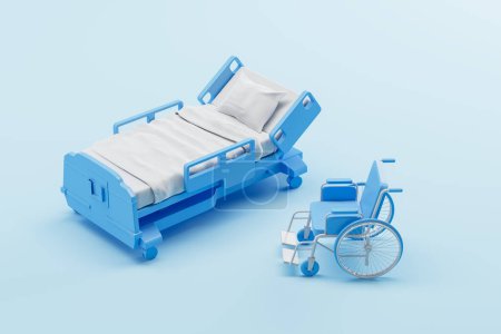 Téléchargez les photos : Vue de dessus du lit d'hôpital bleu et fauteuil roulant sur fond clair. Concept d'invalidité, d'équipement hospitalier, de soins de santé, de rétablissement et de traitement médical. Illustration de rendu 3D - en image libre de droit
