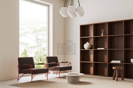 Photo for Corner of modern living room with white walls, concrete floor, two comfortable brown armchairs standing near coffee table and bookcase. 3d rendering - Royalty Free Image