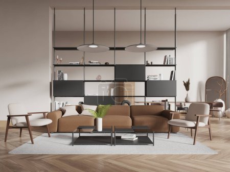 Foto de Interior de la elegante sala de estar con paredes blancas, suelo de madera, acogedor sofá marrón y sillones de pie cerca de la mesa de centro. renderizado 3d - Imagen libre de derechos