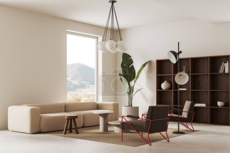Photo for Corner view of home living room interior with sofa and armchairs, side view wooden shelf with art decoration near panoramic window on countryside. 3D rendering - Royalty Free Image