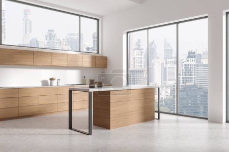 Photo for Corner view of home kitchen interior with bar counter, cooking cabinet wooden shelves and kitchenware. Panoramic window on Bangkok skyscrapers. 3D rendering - Royalty Free Image