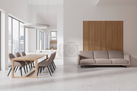 Foto de Casa blanca estudio interior con mesa de comedor y sillas, armario de cocina y espacio relajante con sofá beige. Ventana panorámica de los rascacielos de Bangkok. Renderizado 3D - Imagen libre de derechos