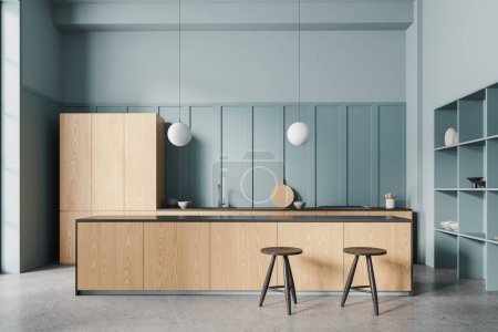 Téléchargez les photos : Intérieur de cuisine maison bleue avec îlot de bar et tabouret, armoire en bois avec évier et cuisinière à gaz, étagère avec ustensiles de cuisine. Cuisine et salle à manger dans un appartement moderne. rendu 3D - en image libre de droit