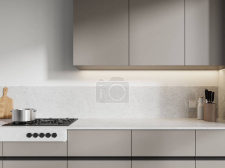 Photo for Beige modern home kitchen interior with stove and pot, knife and cutting board on counter. Closeup of minimalist cooking space in modern apartment. 3D rendering - Royalty Free Image