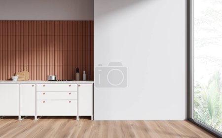 Foto de Interior de la elegante cocina con paredes blancas y beige, suelo de madera, cómodos armarios y armarios blancos y la pared de espacio de copia a la derecha. renderizado 3d - Imagen libre de derechos