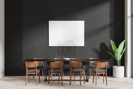 Téléchargez les photos : Élégant salon intérieur avec table et chaises en bois, parquet. Manger de l'espace avec des meubles et des plantes minimalistes. Affiche de toile maquillée sur mur noir. rendu 3D - en image libre de droit