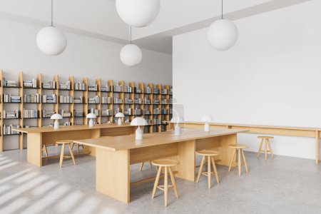Photo for Corner view of cozy library interior wooden bookshelf with books, work tables with stool in row on concrete floor. Reading or learning space with mockup empty blank wall. 3D rendering - Royalty Free Image